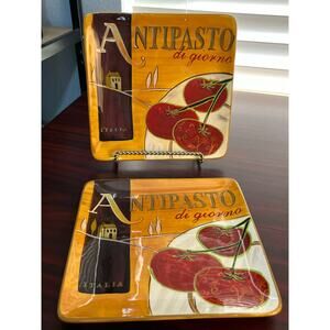 Pier 1 Cucina Antipasto 8.5" Square Salad Plates Set of 2 Hand Painted Earthware
